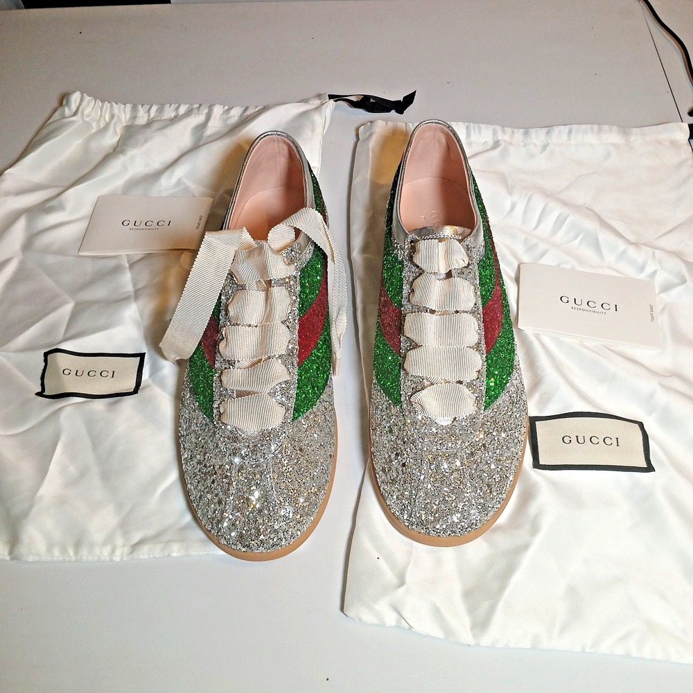 Gucci Silver Glitter Falacer Bee Low Top Sneakers, 9.5 Men's / 11 Women's - Picture 8 of 13